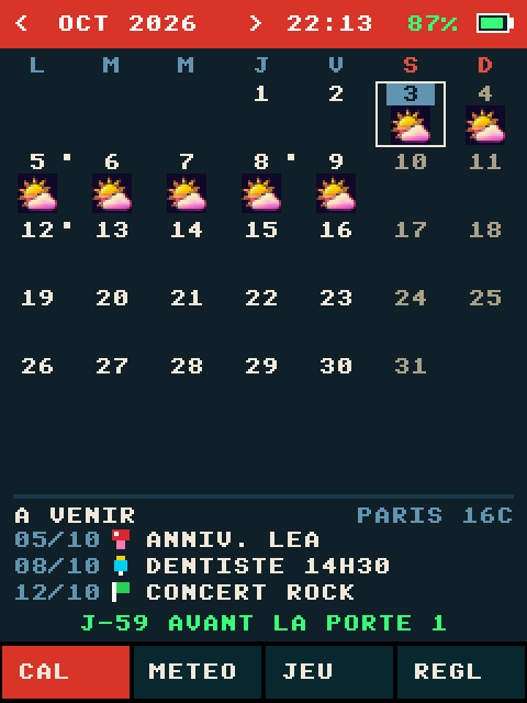 Écran du calendrier d'octobre avec la météo de chaque jour