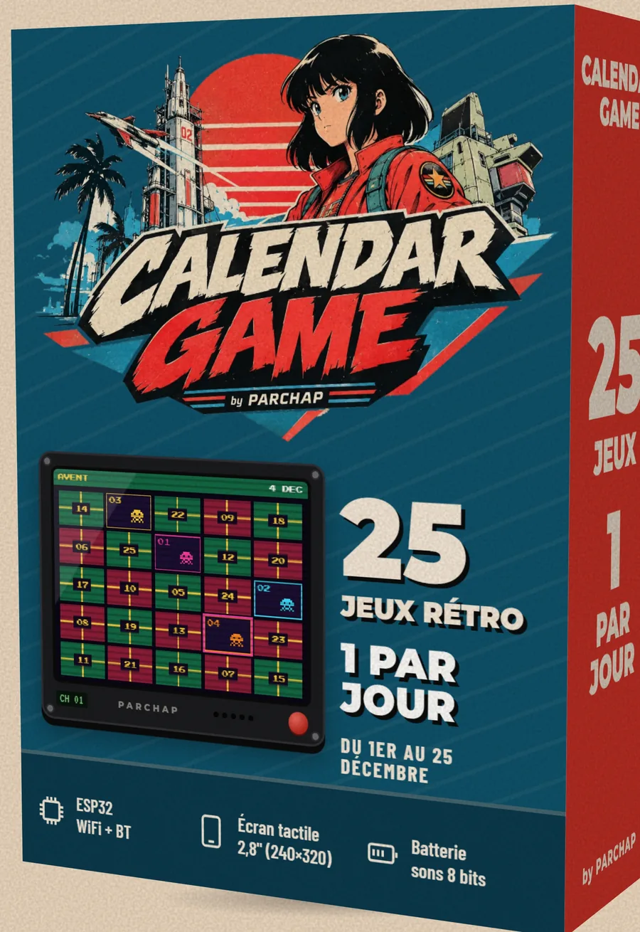La boîte Calendar Game en trois dimensions, face et tranche rouge