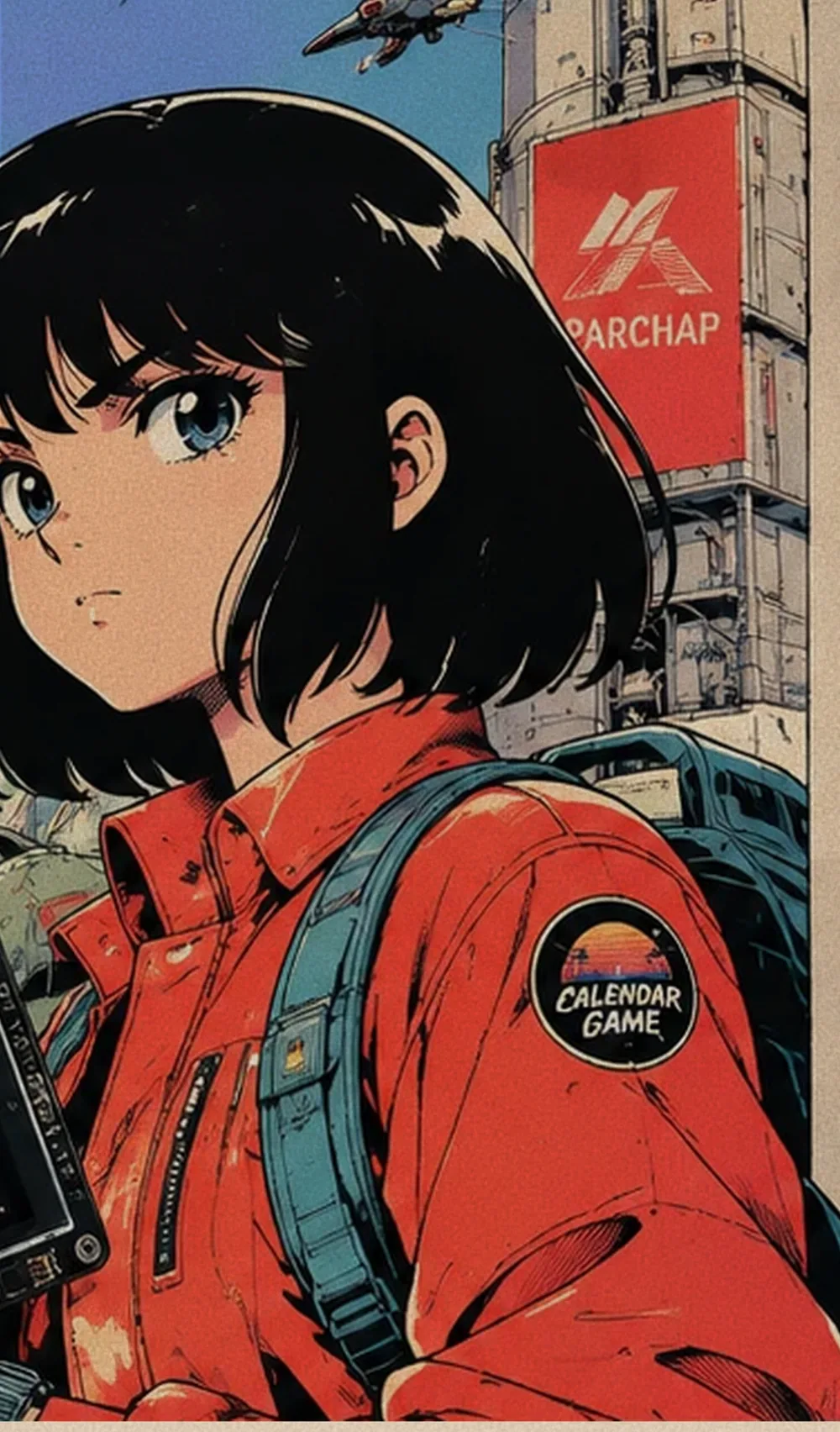 L'héroïne de Calendar Game, blouson rouge, tient la console devant une fusée