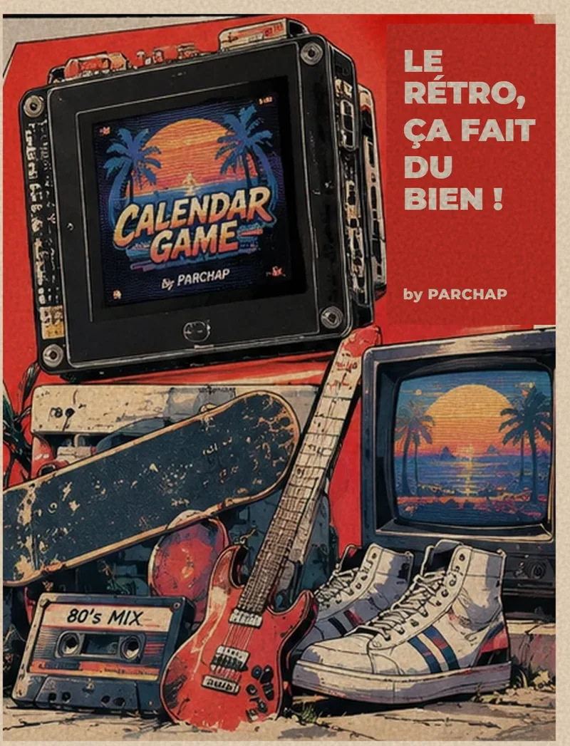 La console Calendar Game posée avec un skate, une guitare, une cassette et des baskets